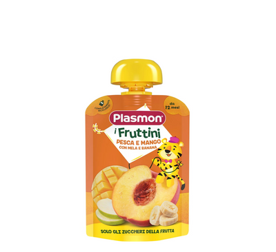 Plasmon i Fruttini Pure Frutash (pjeshkë, манго, mollë, banane) 12m+