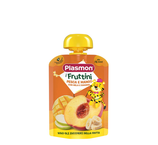 Plasmon i Fruttini Pure Frutash (pjeshkë, mango, mollë, banane) 12m+