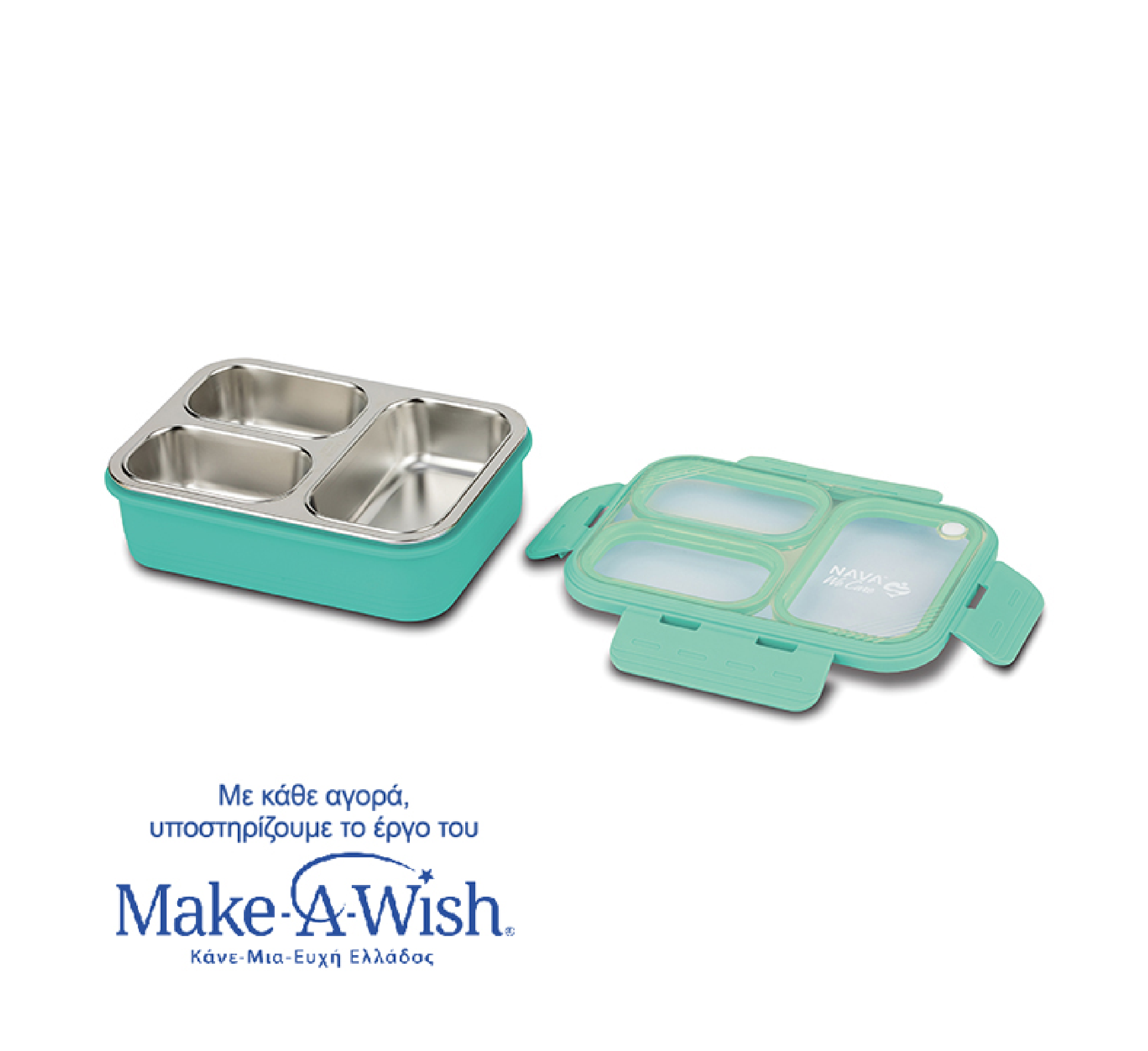 Rectangular stainless steel food container Bento ''We Care'', turquoise 800ml