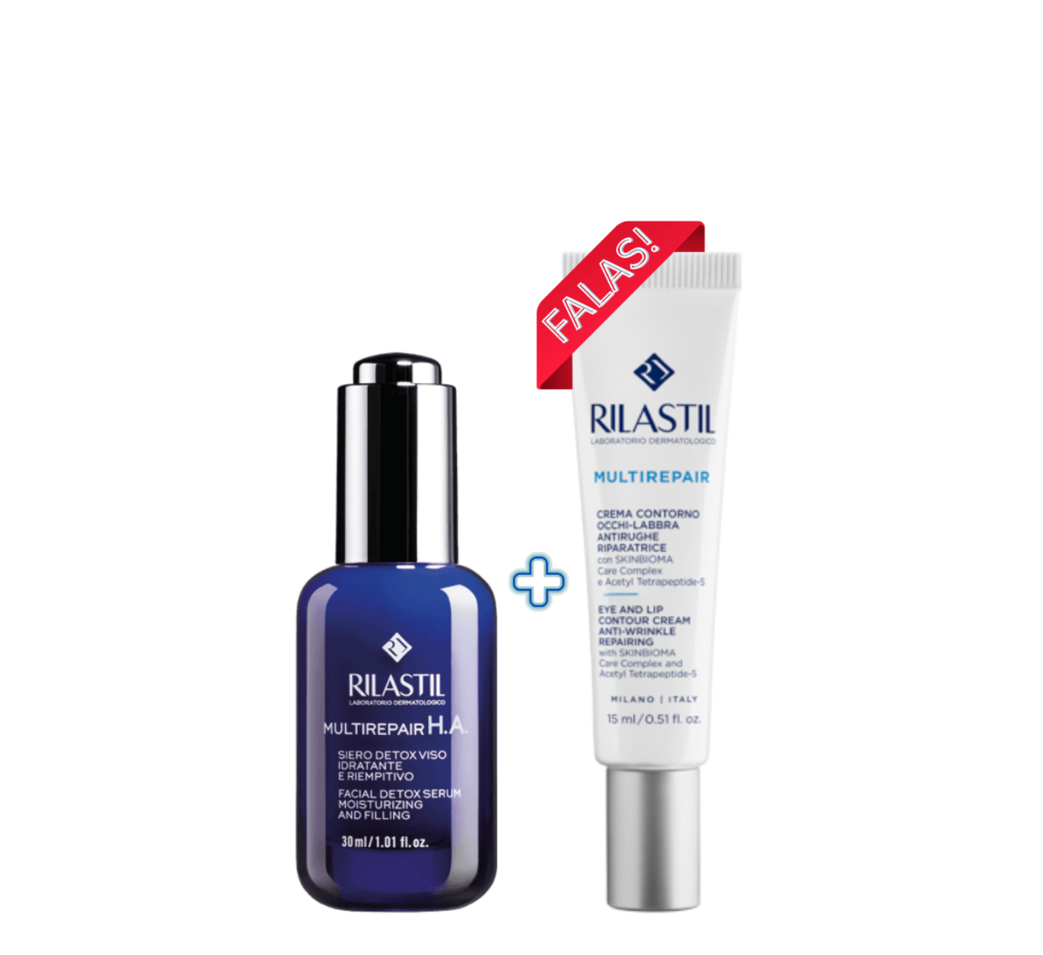 Set Rilastil Multirepair (Serum për fytyrën HA 30ml + Krem për konturin e syve dhe buzëve 15ml)