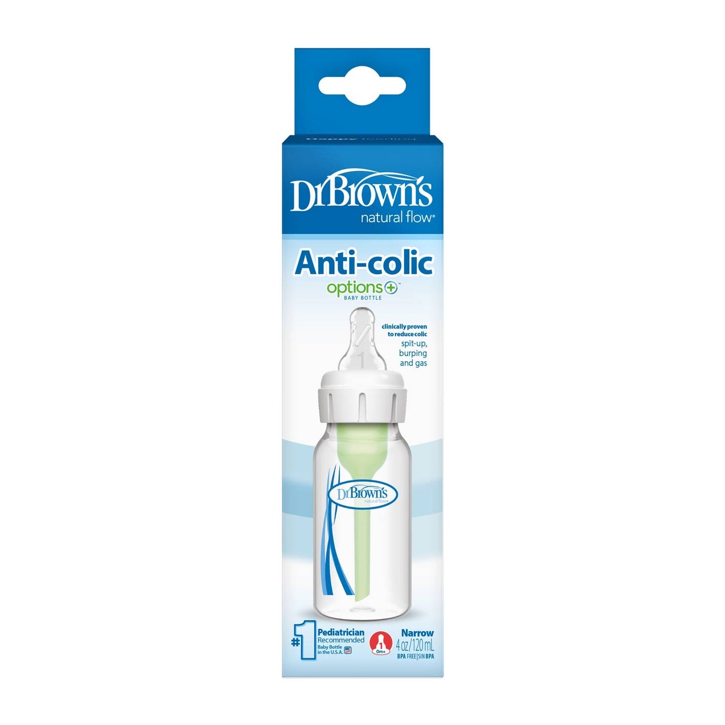 Dr. Brown's Natural Flow Anti-Colic Options+ Narrow Baby Bottle, with Level 1 Slow Flow Nipple