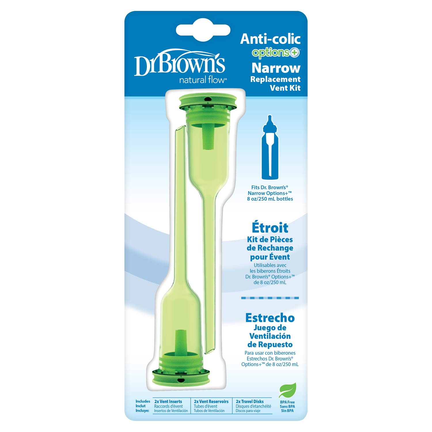 Dr. Brown's Natural Flow Options+ Narrow Baby Bottle Replacement Vent Kit, 8oz, 2-Pack