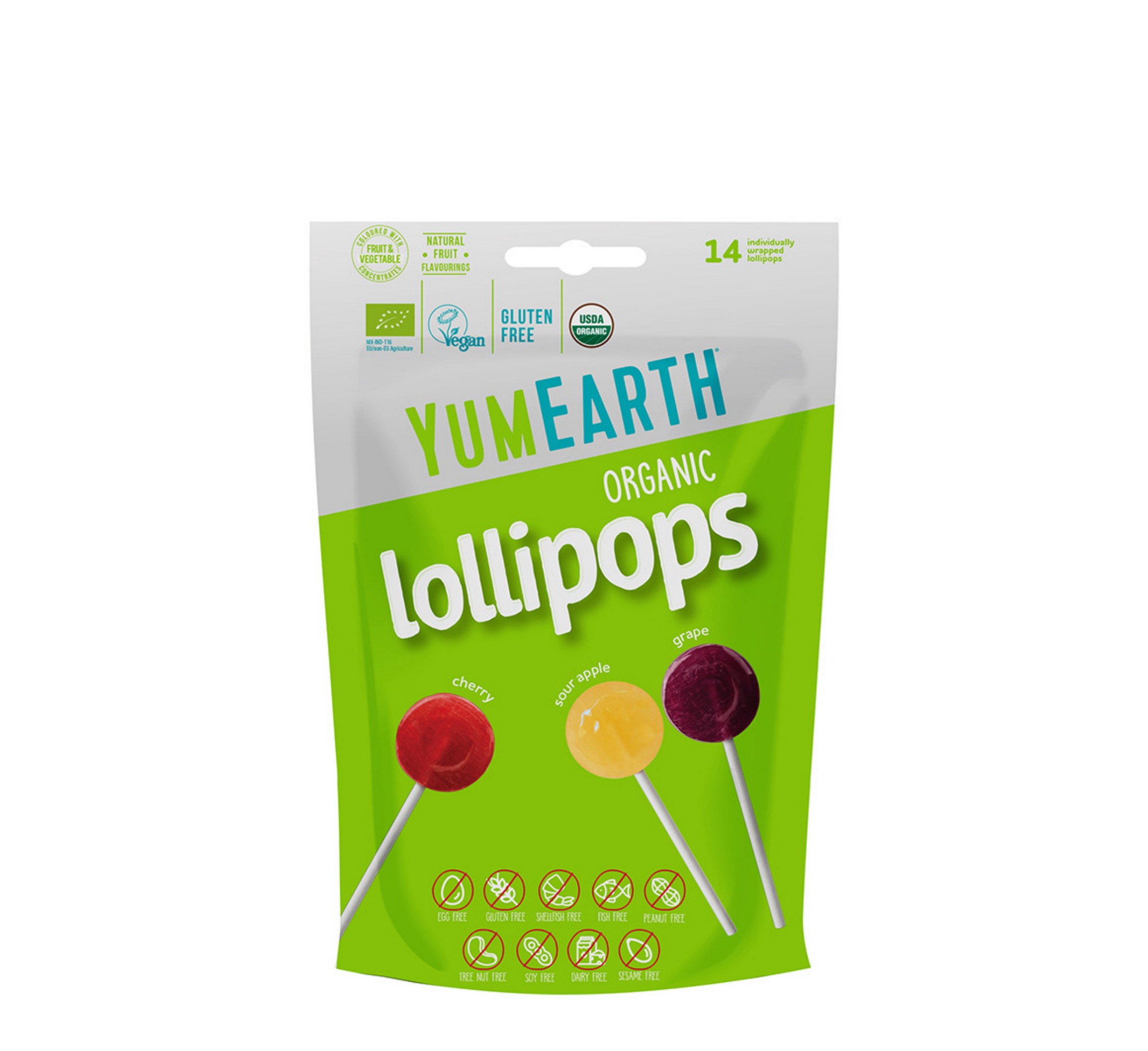 YUMEARTH Organic Fruit Lollipops (Sour Apple, Cherry, & Grape) *14pcs
