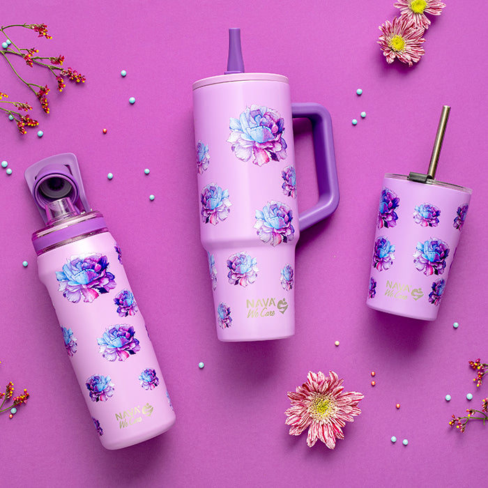 Stainless steel thermos bottle with spout "We Care", Purple Floral 500ml