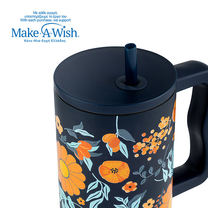 Stainless steel thermos tumbler with plastic straw "We Care", Dark Blue Floral 900ml