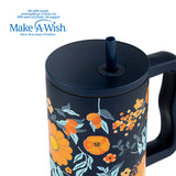 Stainless steel thermos tumbler with plastic straw "We Care", Dark Blue Floral 900ml