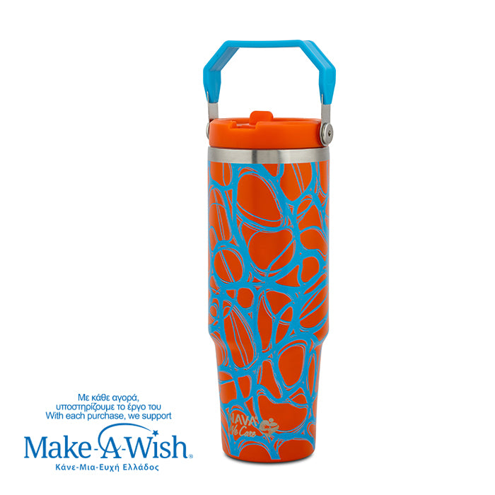 Stainless steel thermos tumbler with sip straw "We Care", Blue Print 900ml
