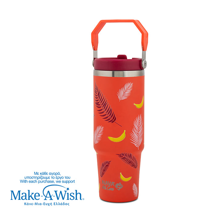 Stainless steel thermos tumbler with sip straw "We Care", Palm Banana 900ml