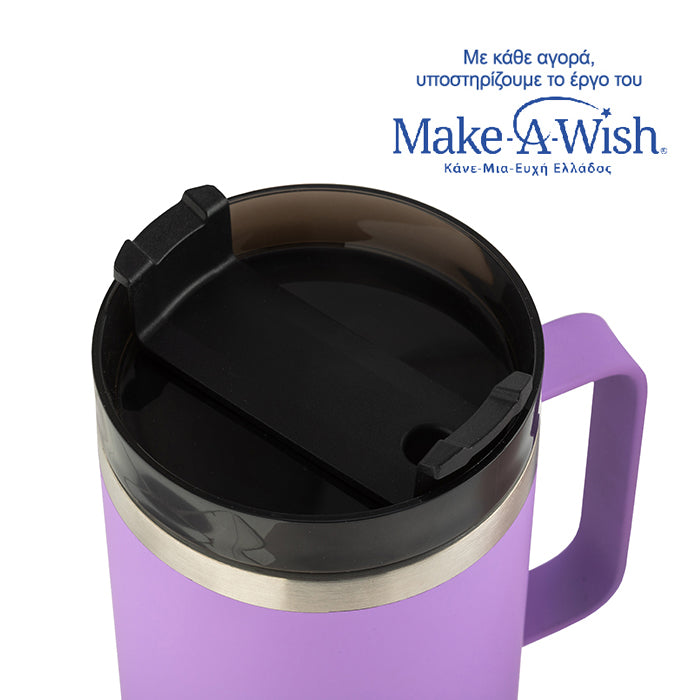 Stainless steel insulated travel mug with plastic straw "We Care", lilac 900ml