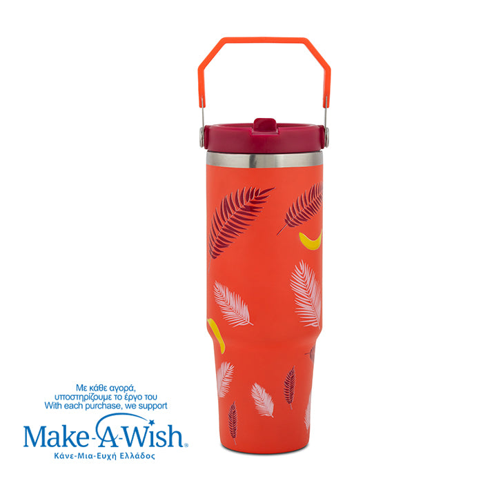 Stainless steel thermos tumbler with sip straw "We Care", Palm Banana 900ml