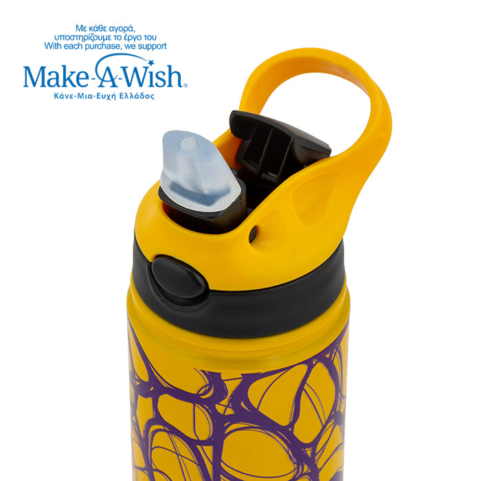 Stainless steel vacuum travel bottle with straw "We Care", Yellow Print 500ml