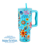 Stainless steel thermos tumbler with plastic straw "We Care", Cyan Floral 900ml