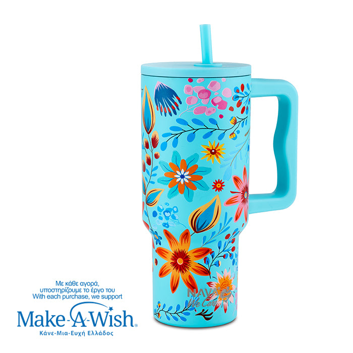 Stainless steel thermos tumbler with plastic straw "We Care", Cyan Floral 900ml