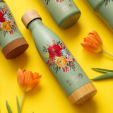 Stainless steel vacuum travel bottle bamboo "We care", Green Floral 500ml