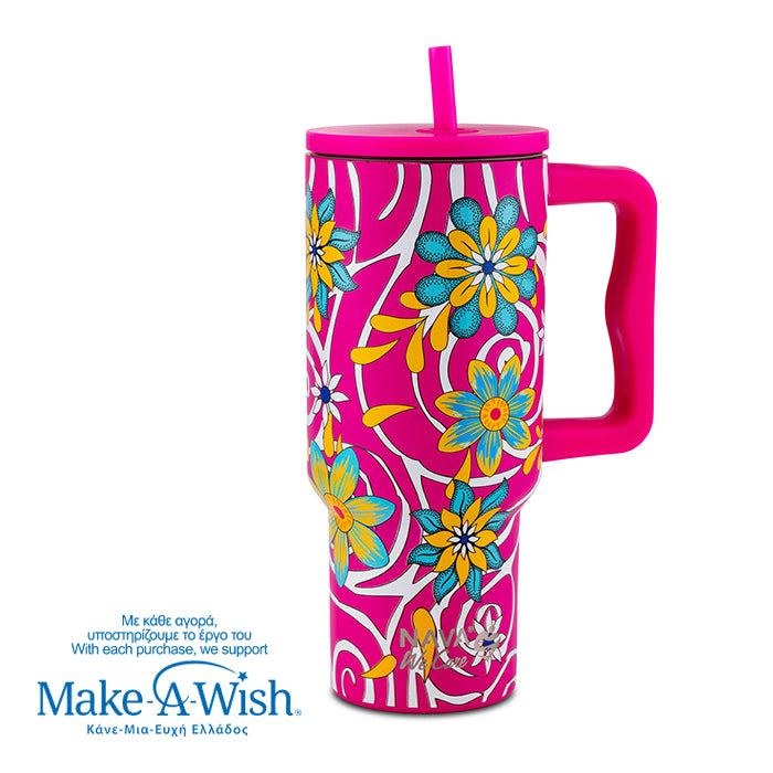 Stainless steel thermos tumbler with plastic straw "We Care", Magenta Floral 900ml