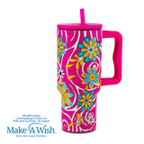 Stainless steel thermos tumbler with plastic straw "We Care", Magenta Floral 900ml