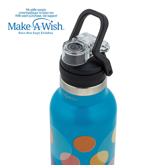 Stainless steel vacuum travel bottle with pouring lid "We Care", Color Dots 500ml