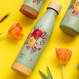 Stainless steel vacuum travel bottle bamboo "We care", Green Floral 500ml