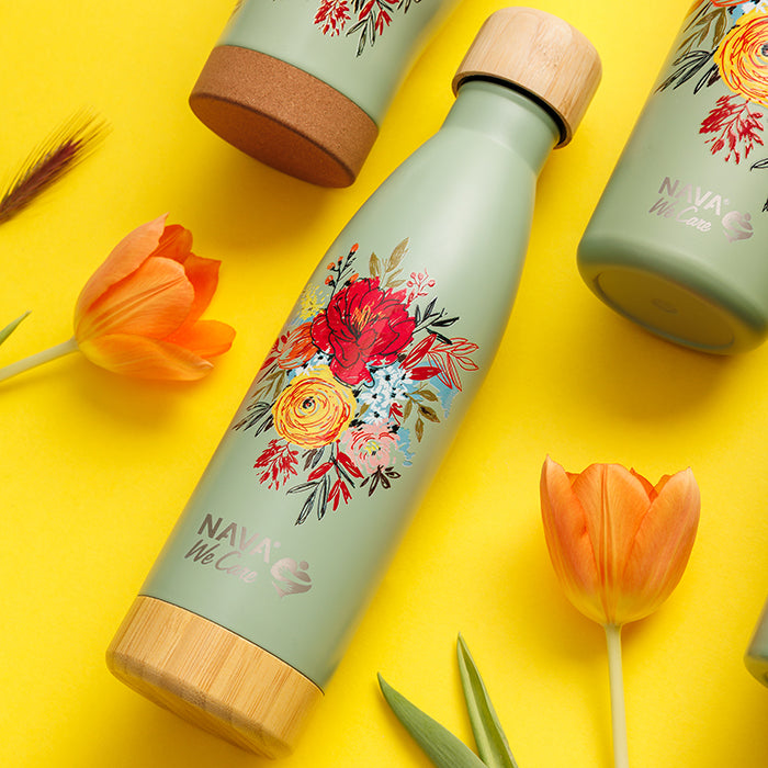 Stainless steel vacuum travel bottle bamboo "We care", Green Floral 500ml