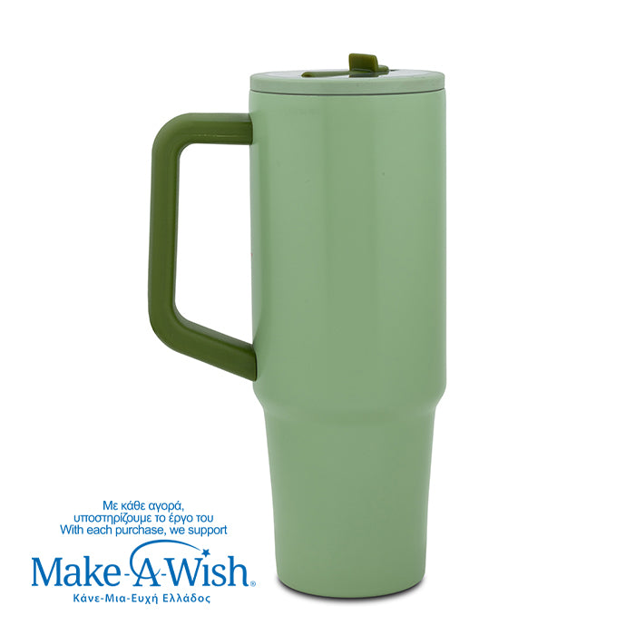 Stainless steel thermos tumbler with plastic straw "We Care", Green Floral 900ml