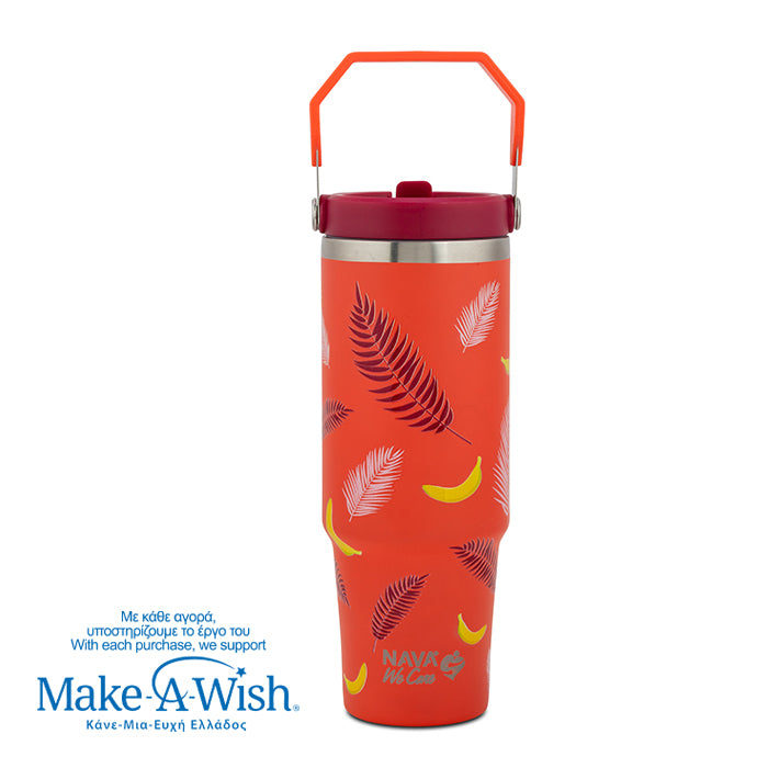 Stainless steel thermos tumbler with sip straw "We Care", Palm Banana 900ml
