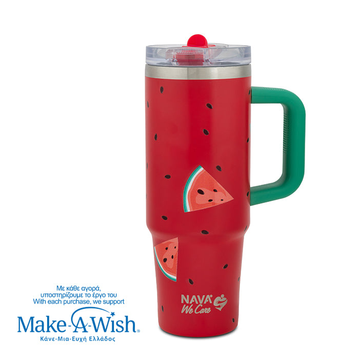 Stainless steel thermos tumbler with sip straw "We Care", Watermelon 900ml
