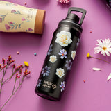 Stainless steel thermos bottle with spout "We Care", Black Floral 500ml