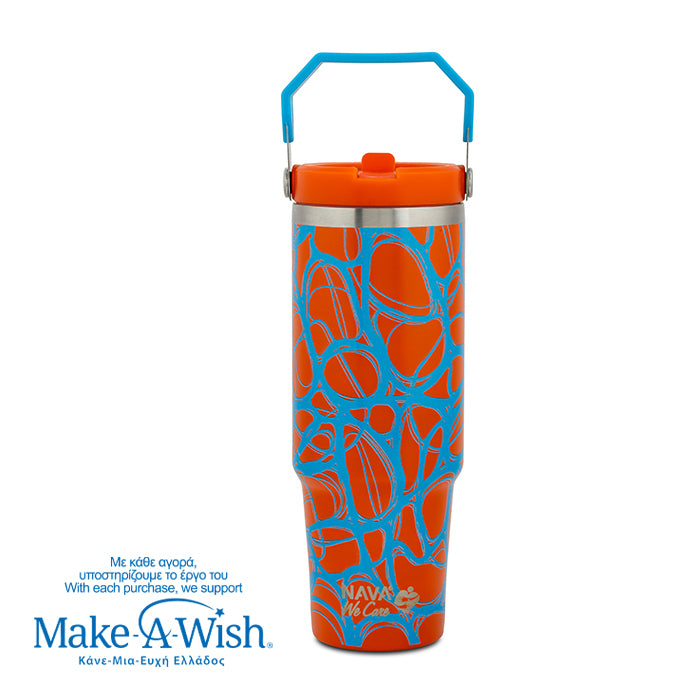 Stainless steel thermos tumbler with sip straw "We Care", Blue Print 900ml