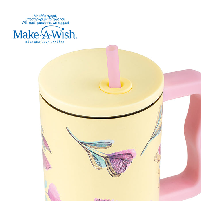 Stainless steel thermos tumbler with plastic straw "We Care", Cream Floral 900ml