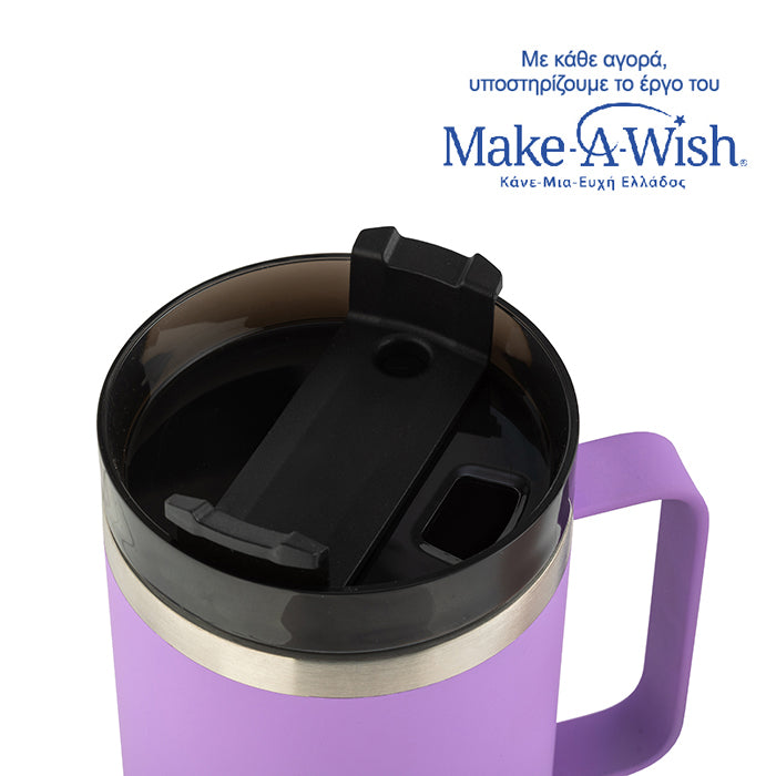 Stainless steel insulated travel mug with plastic straw "We Care", lilac 900ml