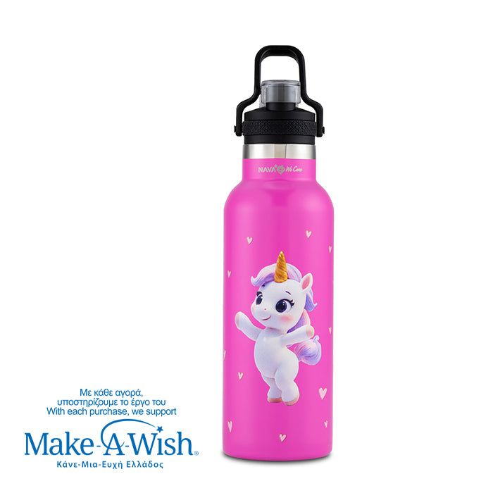 Stainless steel vacuum travel bottle with pouring lid "We Care", Pink Unicorn 500ml