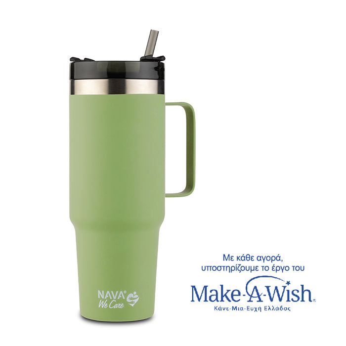 Stainless steel insulated travel mug with plastic straw "We Care", light green 900ml