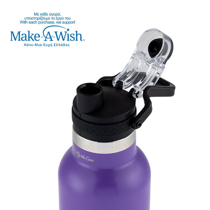 Stainless steel vacuum travel bottle with pouring lid "We Care", Purple Unicorn 500ml