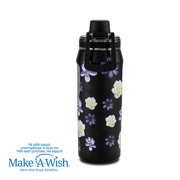 Stainless steel thermos bottle with spout "We Care", Black Floral 500ml