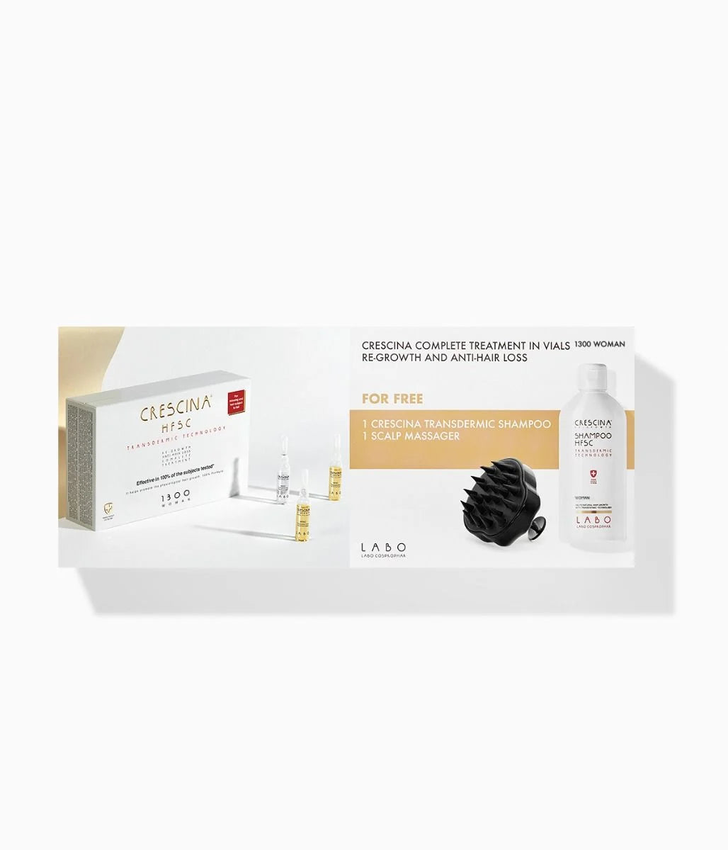 Crescina Promo Pack Transdermic HFSC Complete Woman 1300 (10+10 Vials) & Free Crescina Woman Shampoo 200ml & Scalp Massager