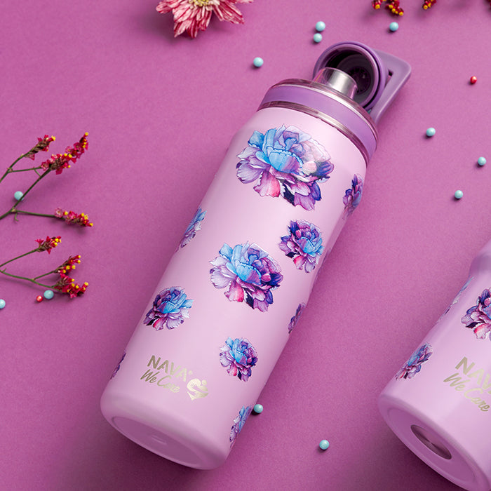Stainless steel thermos bottle with spout "We Care", Purple Floral 500ml