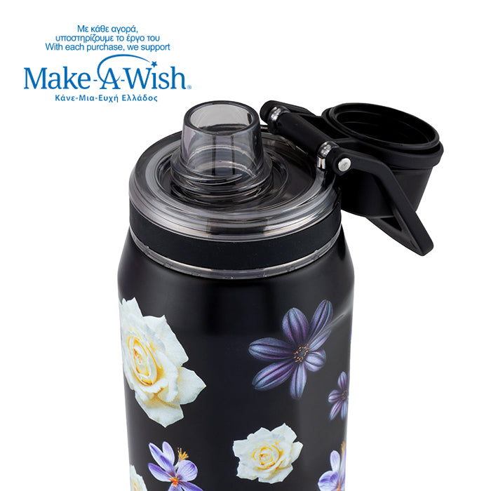 Stainless steel thermos bottle with spout "We Care", Black Floral 500ml