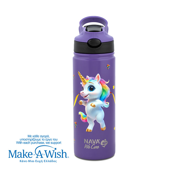 Stainless steel vacuum travel bottle with straw "We Care", Purple Unicorn 500ml