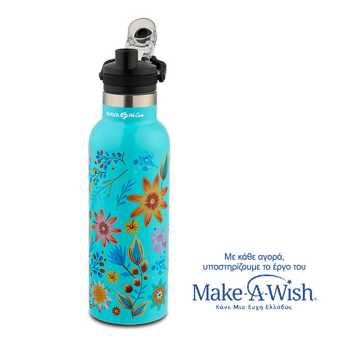 Stainless steel vacuum travel bottle with pouring lid "We Care" turquoise 500ml
