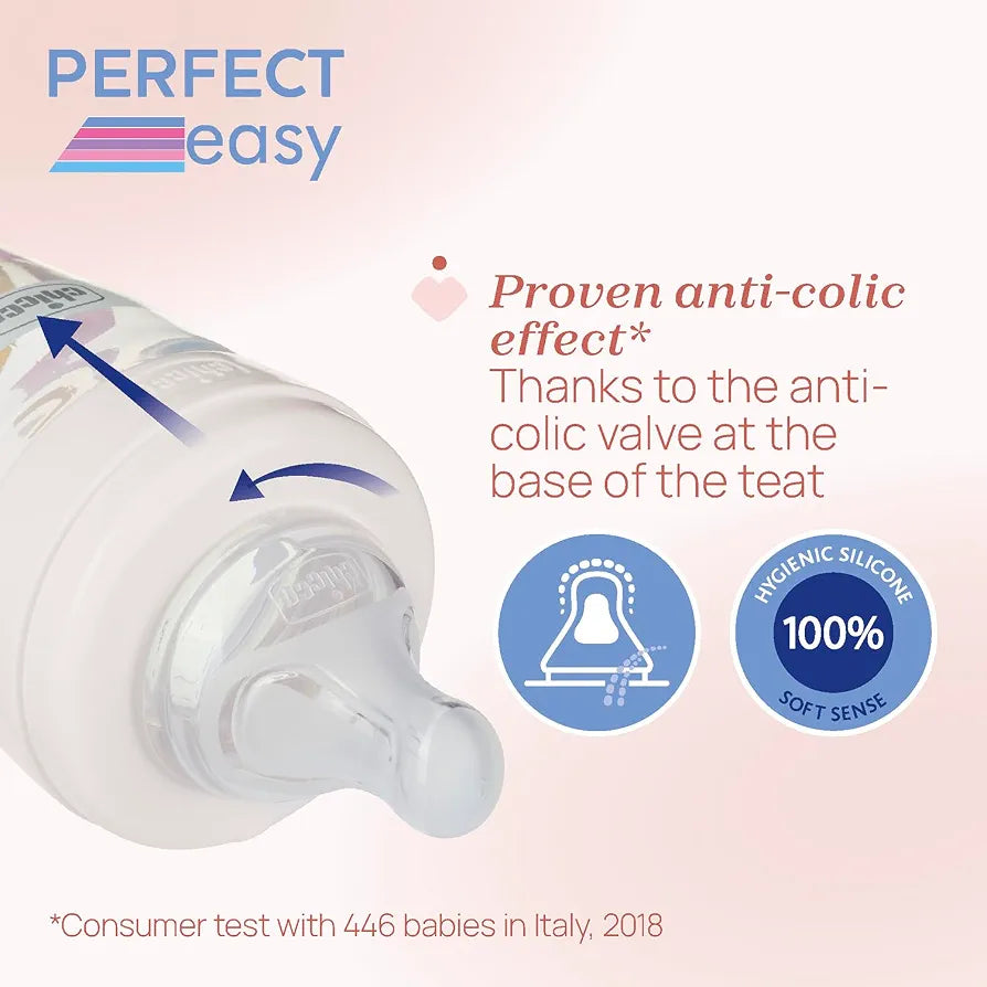 Chicco Perfect Easy Slow Flowing Feeding Bottle, with Soft Silicone Physio Teat and Soft Sense finish, Anti-Anticolic, Reduces Burping and Irritability, 150ml Plastic Bottle, 0+ M