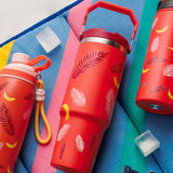 Stainless steel thermos tumbler with sip straw "We Care", Palm Banana 900ml