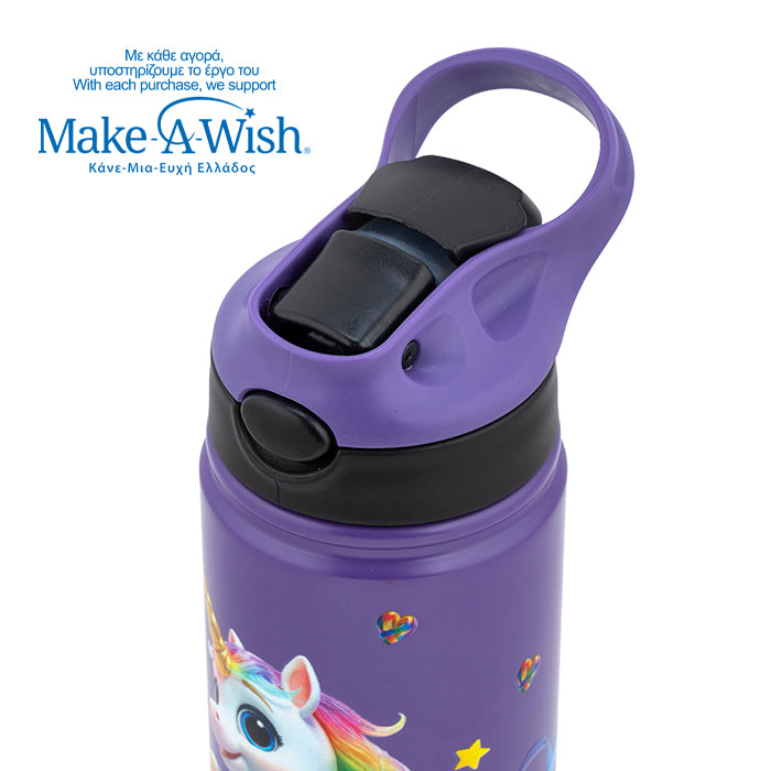 Stainless steel vacuum travel bottle with straw "We Care", Purple Unicorn 500ml