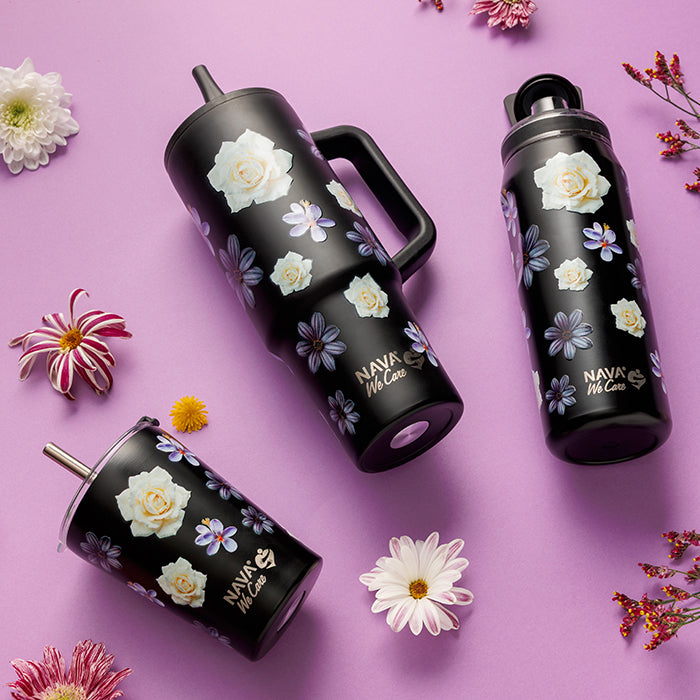 Stainless steel thermos bottle with spout "We Care", Black Floral 500ml