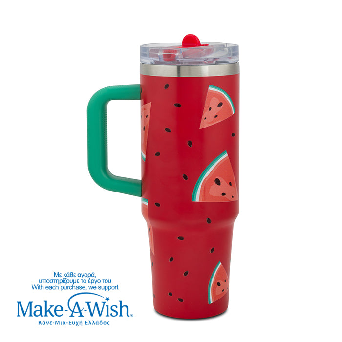 Stainless steel thermos tumbler with sip straw "We Care", Watermelon 900ml