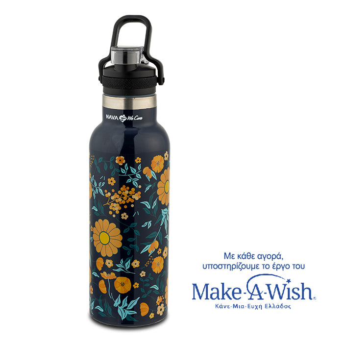 Stainless steel vacuum travel bottle with pouring lid "We Care", orange 500ml