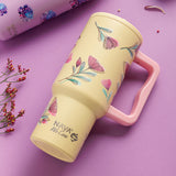 Stainless steel thermos tumbler with plastic straw "We Care", Cream Floral 900ml