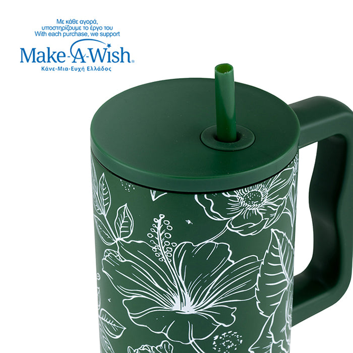 Stainless steel thermos tumbler with plastic straw "We Care", Sketch Floral 900ml
