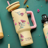 Stainless steel thermos tumbler with plastic straw "We Care", Cream Floral 900ml