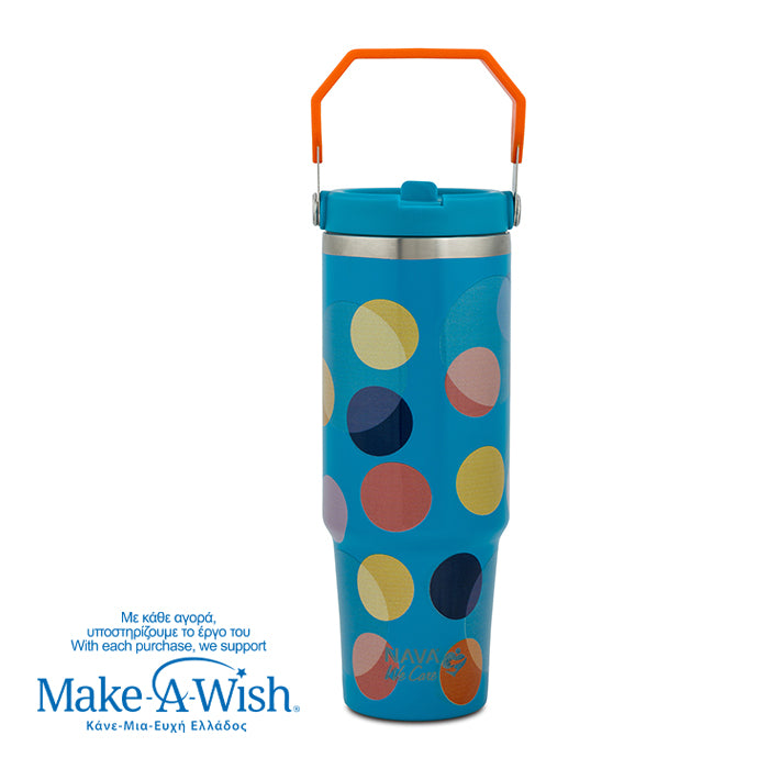 Stainless steel thermos tumbler with sip straw "We Care", Color Dots 900ml