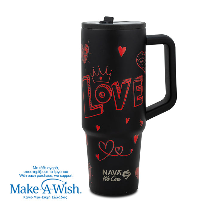 Stainless steel thermos tumbler with plastic straw "We Care", Love 900ml